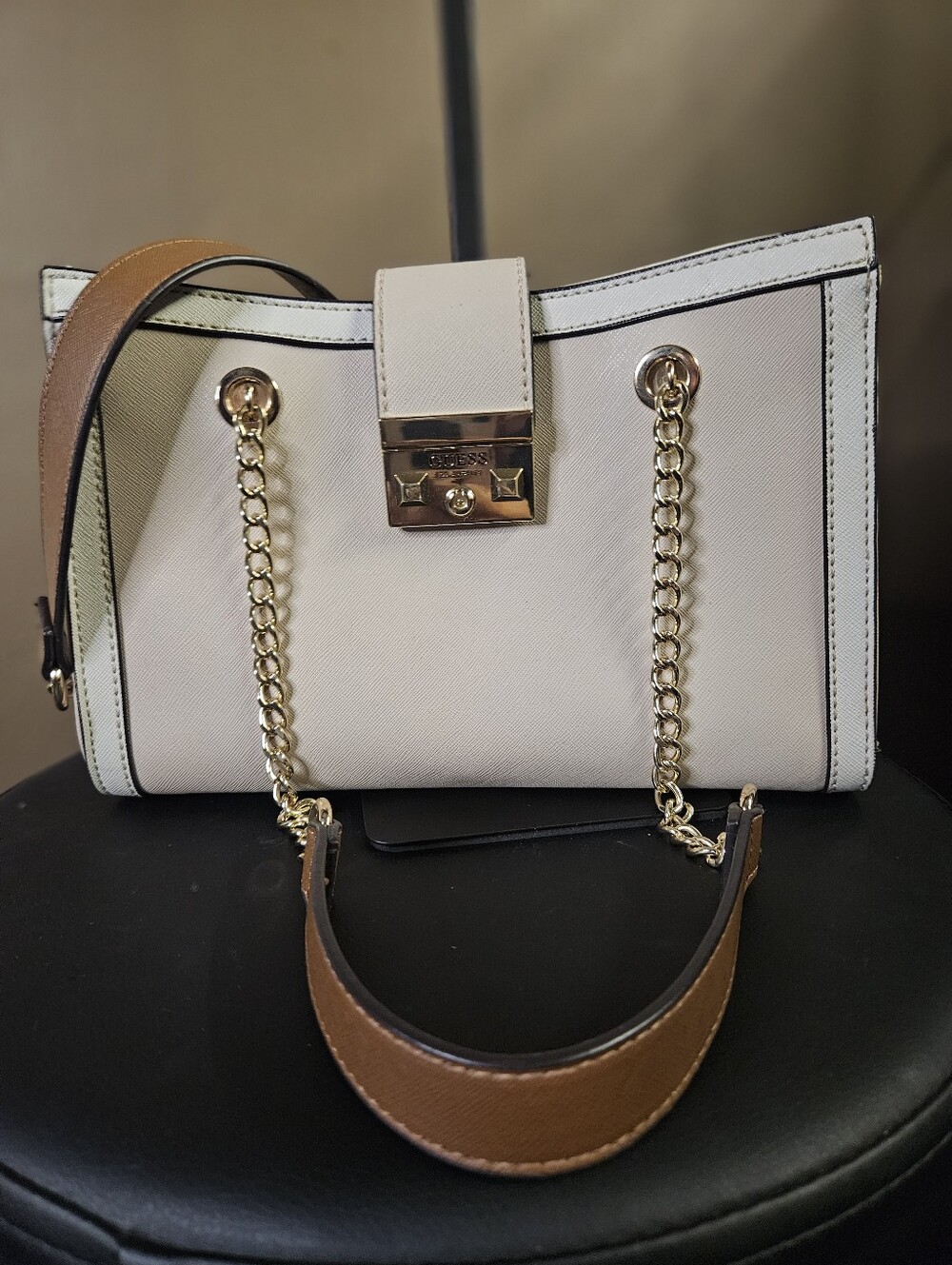 Guess Fort Smith Satchel with Gold Chain Straps- Cream